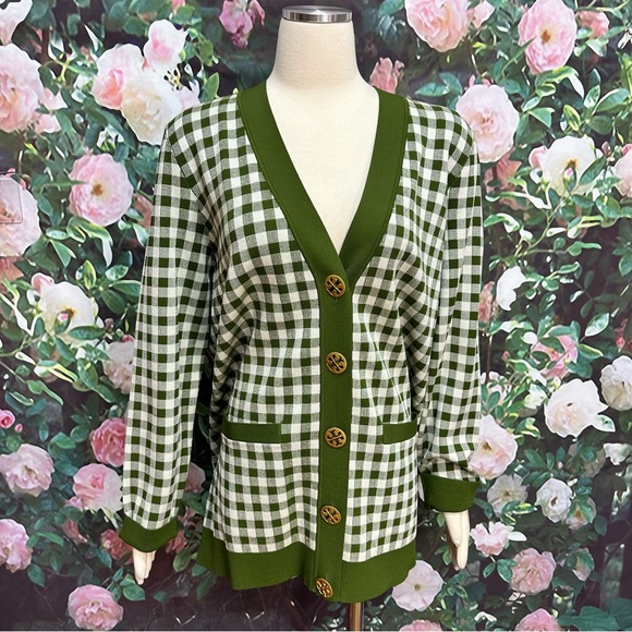 Tory Burch Simone Green Gingham Cardigan - Picture 2 of 7